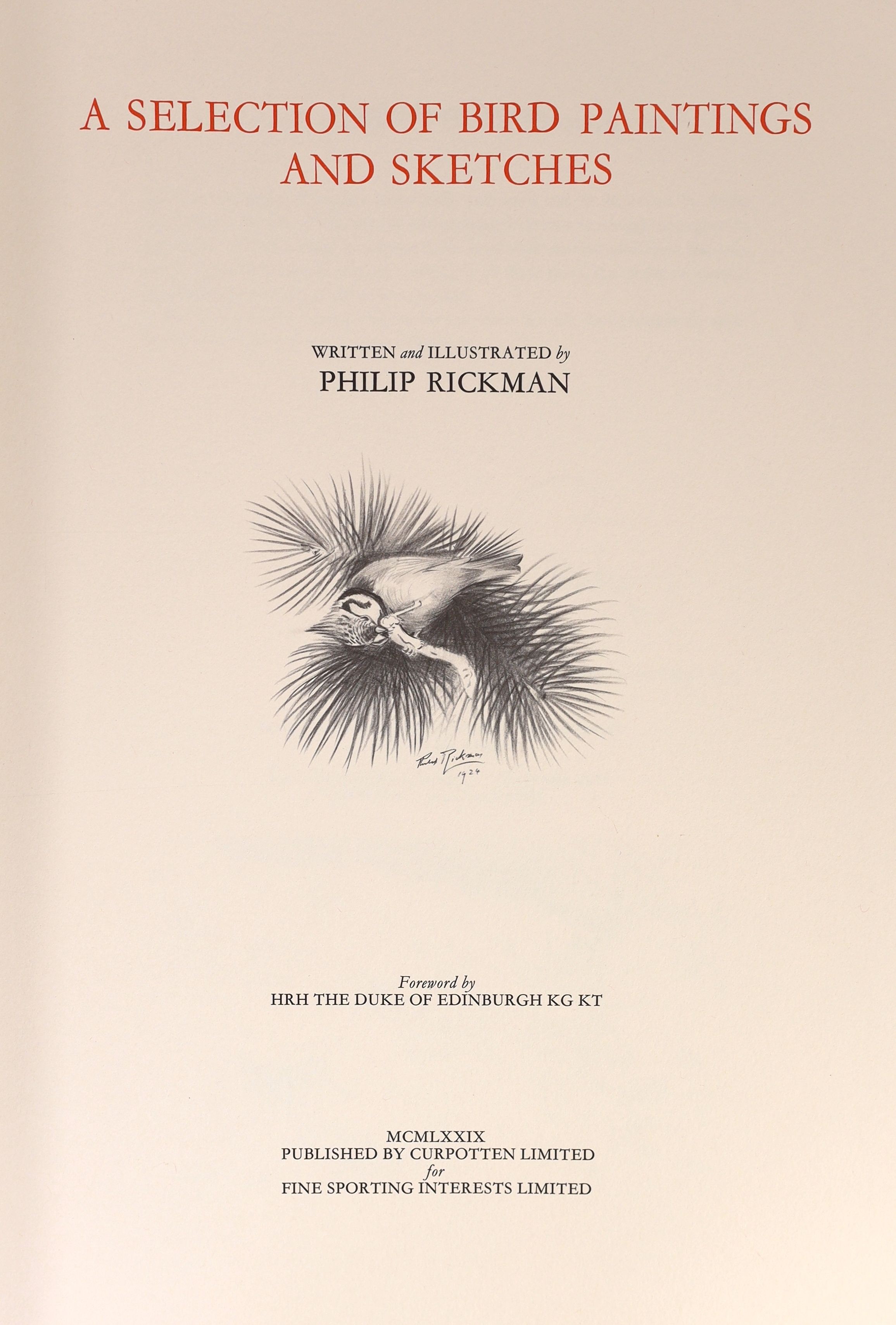 Rickman, Philip - A Selection of Bird Paintings and Sketches, one of 500 signed by the artist, folio, original half green morocco gilt, with mounted portrait and 31 mounted plates, Curpotten Ltd., London, 1979, in slip c